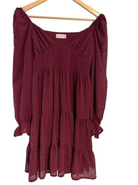 Altar'd State Tiered Mini Dress Long Sheer Sleeves Burgundy Wine Maroon Size XS